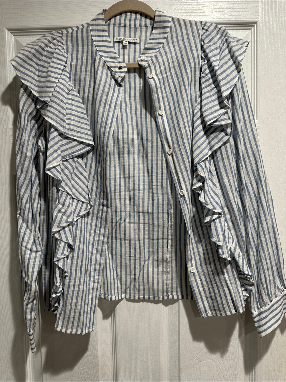 Rebecca Minkoff Blue & White Striped Ruffle Button-Front Blouse